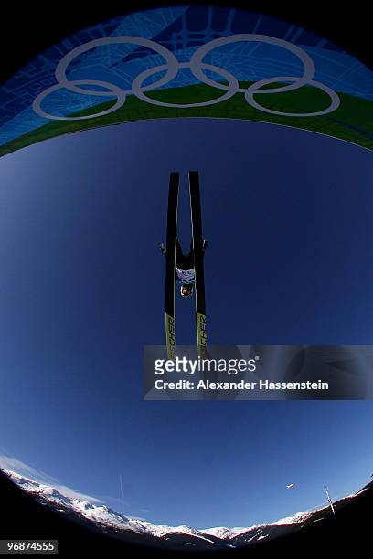 Shohei Tochimoto of Japan soars off the Long Hill during the qualification round on day 8 of the 2010 Vancouver Winter Olympics at Ski Jumping...