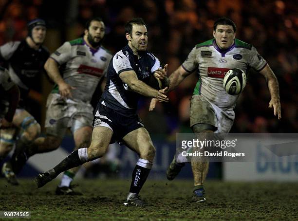 Charlie Hodgson of Sale passes the ball during the Guinness Premiership match between Sale Sharks and Leeds Carnegie at Edgeley Park on February 19,...