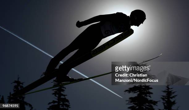 Gregor Schlierenzauer of Austria soars off the Long Hill during the qualification round on day 8 of the 2010 Vancouver Winter Olympics at Ski Jumping...