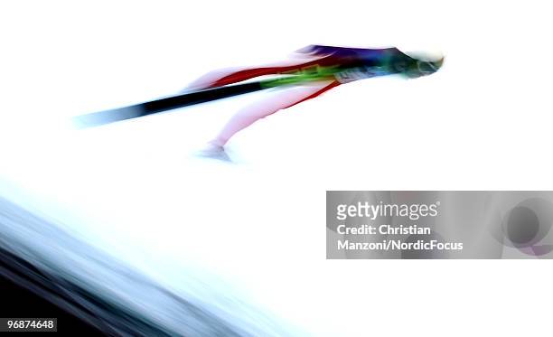 Andrea Morassi of Italy soars off the Long Hill during the qualification round on day 8 of the 2010 Vancouver Winter Olympics at Ski Jumping Stadium...