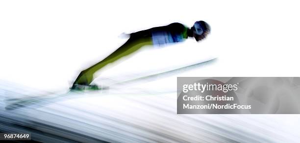 Emanuel Chedal of France soars off the Long Hill during the qualification round on day 8 of the 2010 Vancouver Winter Olympics at Ski Jumping Stadium...