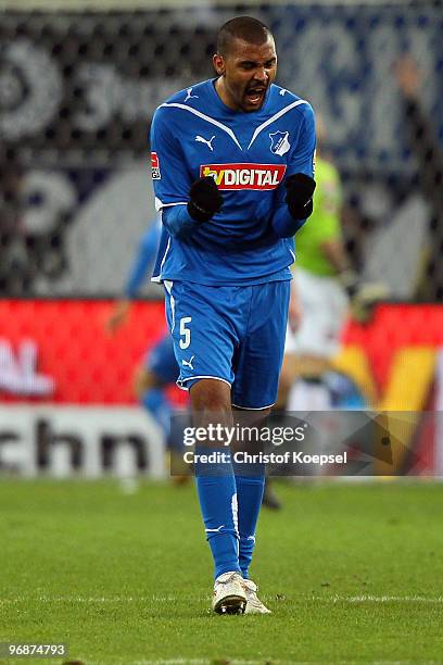 Marvin Compper of Hoffenheim celebrates the second goal during the Bundesliga match between 1899 Hoffenheim and Borussia Moenchengladbach at...