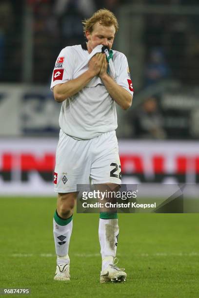 Tobias Levels of Gladbach looks dejected after the 2-2 draw of the Bundesliga match between 1899 Hoffenheim and Borussia Moenchengladbach at...