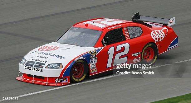 Brad Keselowski drives the AAA Insurance Dodge Dodge during practice for the NASCAR Sprint Cup Series Auto Club 500 at Auto Club Speedway on February...