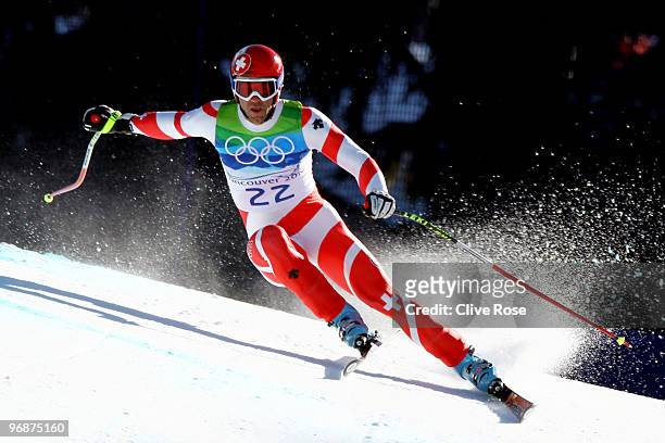 Didier Defago of Switzerland competes in the men's alpine skiing Super-G on day 8 of the Vancouver 2010 Winter Olympics at Whistler Creekside on...