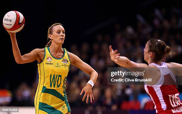 Renae Hallinan of Australia looks to pass during the first test of the Co-operative International Netball Series between England and Australia at the...