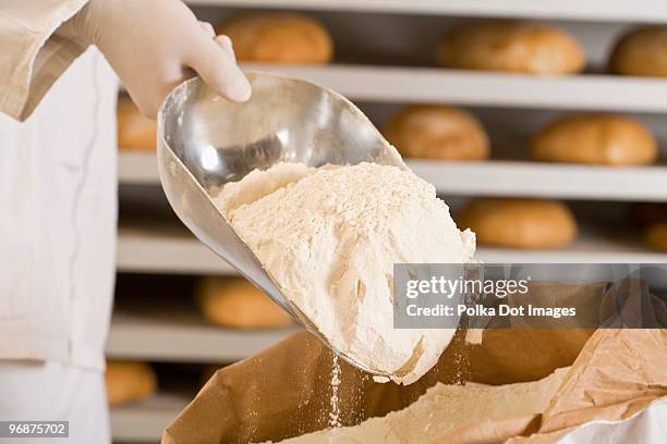 baker scooping flour out of a sack - flour bag stockfoto's en -beelden