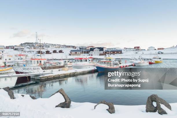 stokksness,iceland - march 07,2018 : scenics view of djupivogur harbor in evening during winter seasons - iceland harbour stock-fotos und bilder