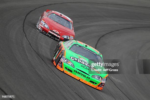 Danica Patrick drives the GoDaddy.com Chevrolet during practice for the NASCAR Nationwide Series Stater Bros. 300 at Auto Club Speedway on February...