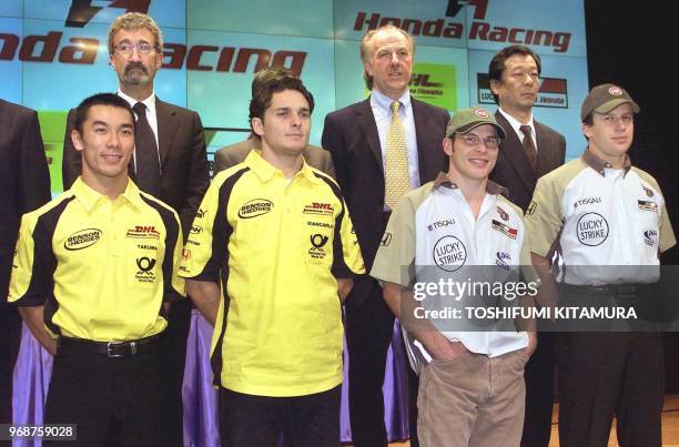 Formula One drivers from Jordan Grand Prix, Takuma Sato of Japan, Giancarlo Fisichella of Italy, British American Racing drivers Jacques Villeneuve...