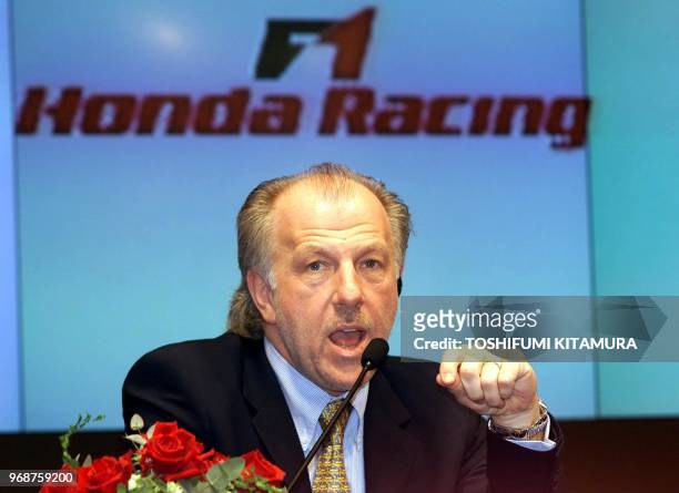 Formula One's British American Racing team principal David Richards answers a reporter's question at a Honda F1 meeting at Honda headquarters in...