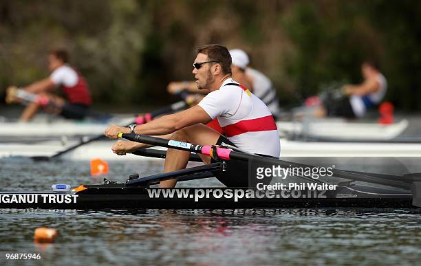 Marcel Hacker of Germany leaves the start in the final of the Premier Mens Singles during the New Zealand National Rowing Championships at Lake...