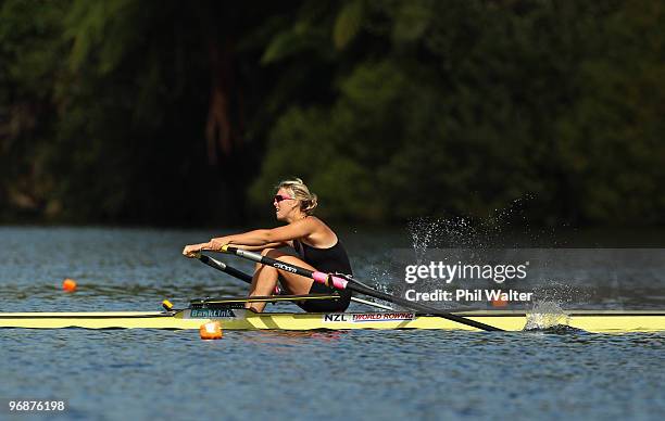 Emma Twigg of Auckland leads the field in the final of the Premier Womens Singles during the New Zealand National Rowing Championships at Lake...