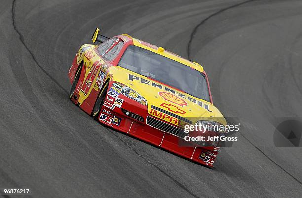 Kevin Harvick drives the Shell/Pennzoil Chevrolet during practice for the NASCAR Sprint Cup Series Auto Club 500 at Auto Club Speedway on February...