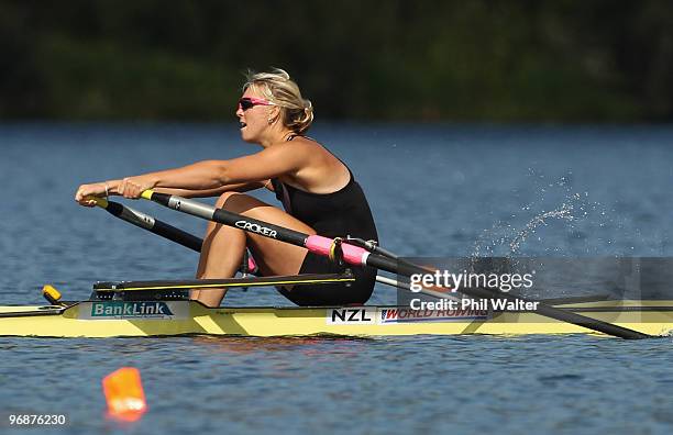 Emma Twigg of Auckland leads the field in the final of the Premier Womens Singles during the New Zealand National Rowing Championships at Lake...