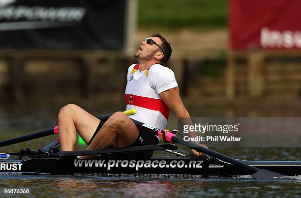 Marcel Hacker of Germany catches his breath following the final of the Premier Mens Singles during the New Zealand National Rowing Championships at...