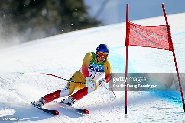 Erik Guay of Canada competes in the men's alpine skiing Super-G on day 8 of the Vancouver 2010 Winter Olympics at Whistler Creekside on February 19,...