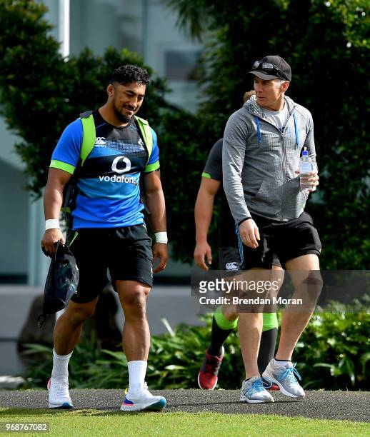 Queensland , Australia - 7 June 2018; Bundee Aki with new Connacht coach Andy Friend, right, during Ireland rugby squad training at Royal Pines...