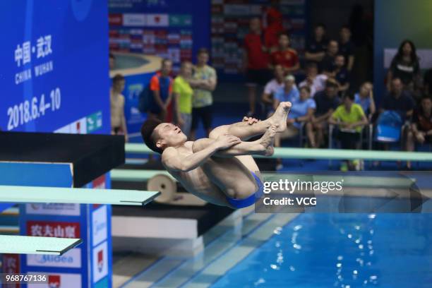 Cao Yuan of China competes in the Men's 3m Springboard on day two of the 21st FINA Diving World Cup 2018 at Natatorium of Wuhan Sports Center on June...