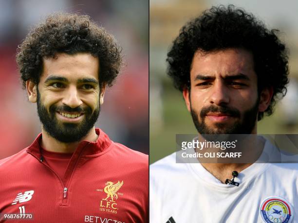 This combination of pictures created on June 7, 2018 shows Liverpool's Egyptian midfielder Mohamed Salah smiling during warm up ahead of the English...
