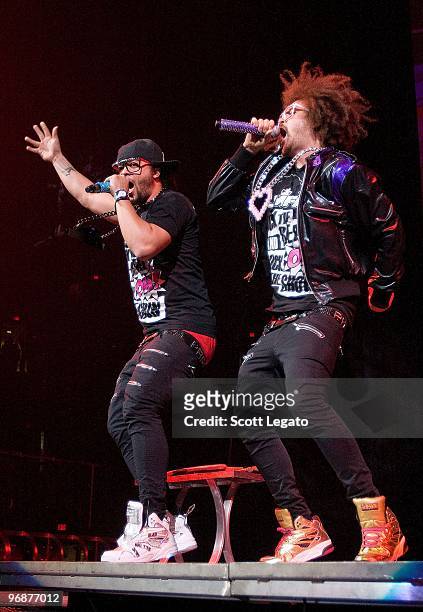 SkyBlu and Red Foo of LMFAO perform at the Jerome Schottenstein Center on February 16, 2010 in Columbus, Ohio.