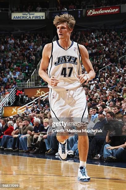 Andrei Kirilenko of the Utah Jazz runs down the court during the game against the Phoenix Suns at EnergySolutions Arena on January 25, 2010 in Salt...