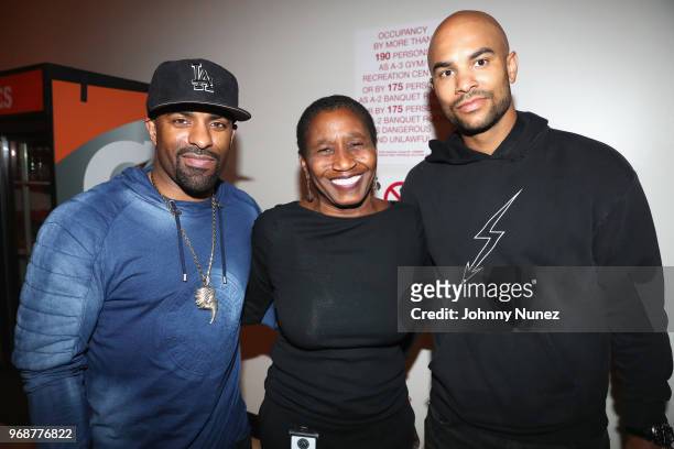 Clue, Michele Roberts and Jerryd Bayless attend the NBPA PVA x Finals Viewing Party at NBPA Headquarters on June 6, 2018 in New York City.