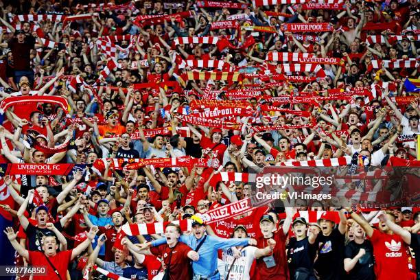 Liverpool fans sing You'll Never Walk Alone ahead of the Champions League final during the UEFA Champions League final between Real Madrid and...