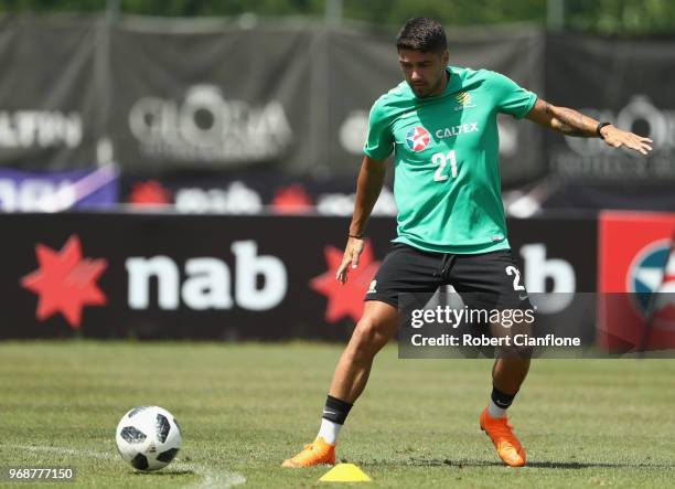 Dimitri Petratos of Australia controls the ball during the Australian Socceroos Training Session at the Gloria Football Club on June 7, 2018 in...