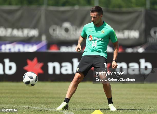 Jamie Maclaren of Australia controls the ball during the Australian Socceroos Training Session at the Gloria Football Club on June 7, 2018 in...