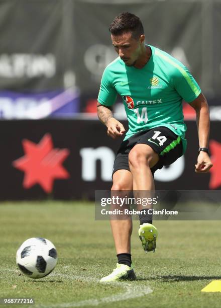 Jamie Maclaren of Australia controls the ball during the Australian Socceroos Training Session at the Gloria Football Club on June 7, 2018 in...