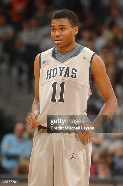 Holis Thompson of the Georgetown Hoyas looks on during a college basketball game against the Syracuse Orange on February 18, 2010 at the Verizon...