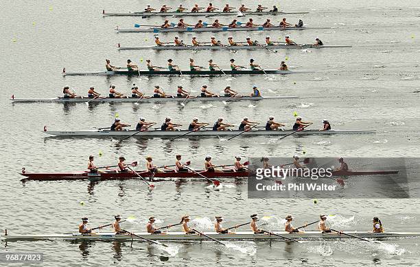 Crews leave the start line in the final of the Club Womens Eights during the New Zealand National Rowing Championships at Lake Karapiro on February...