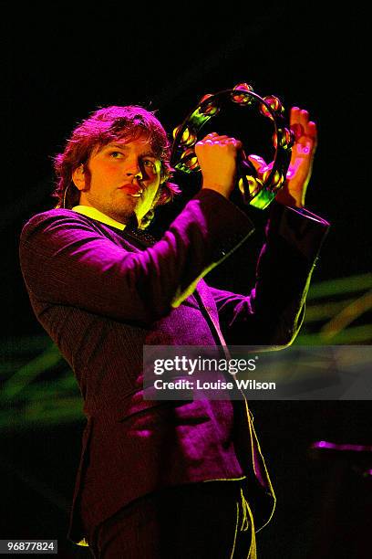 Andy Ross of 'OK Go' performs on stage on the second day of the Playground Weekender music festival at Wiseman's Ferry on February 19, 2010 in...