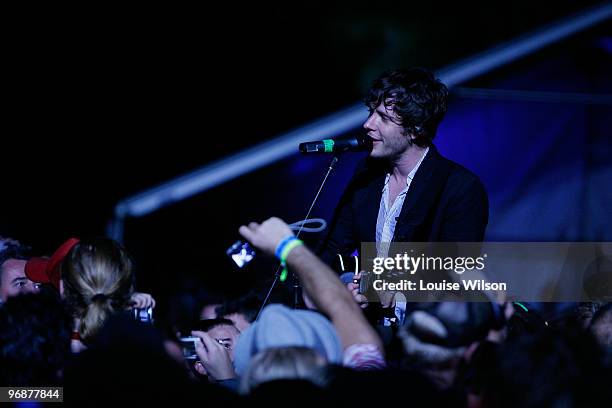 Damian Kulash of 'OK Go' performs on stage on the second day of the Playground Weekender music festival at Wiseman's Ferry on February 19, 2010 in...