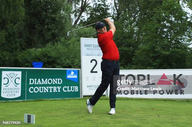 Marcus Fraser of Australia tees off on the 2nd hole during day one of the 2018 Shot Clock Masters at Diamond Country Club on June 7, 2018 in...