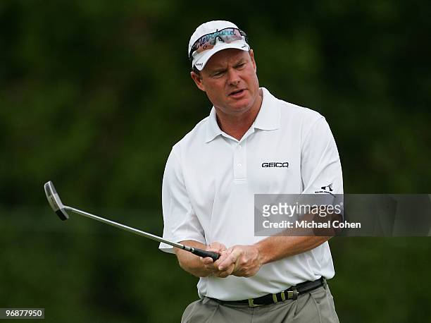 Joe Durant reacts to a putt during the second round of the Mayakoba Golf Classic at El Camaleon Golf Club held on February 19, 2010 in Riviera Maya,...
