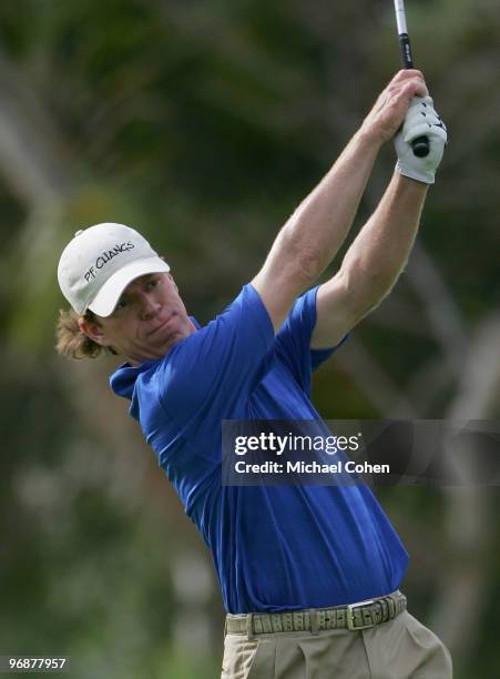 Briny Baird hits a shot during the second round of the Mayakoba Golf Classic at El Camaleon Golf Club held on February 19, 2010 in Riviera Maya,...