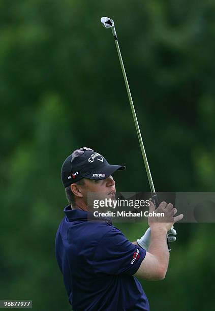 Cameron Beckman watches his shot during the second round of the Mayakoba Golf Classic at El Camaleon Golf Club held on February 19, 2010 in Riviera...