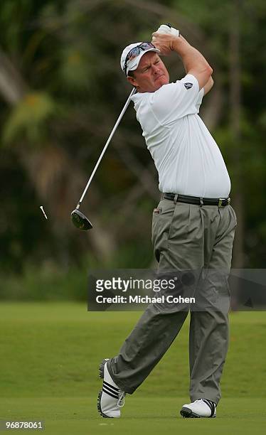 Joe Durant hits a drive during the second round of the Mayakoba Golf Classic at El Camaleon Golf Club held on February 19, 2010 in Riviera Maya,...
