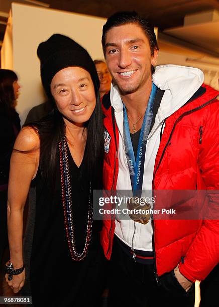Evan Lysacek of the United States is greeted by fashion designer Vera Wang at the USA House after winning the men's figure skating Olympic gold medal...
