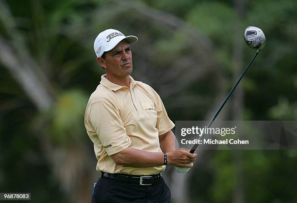 Tom Pernice, Jr. Watches his drive during the second round of the Mayakoba Golf Classic at El Camaleon Golf Club held on February 19, 2010 in Riviera...