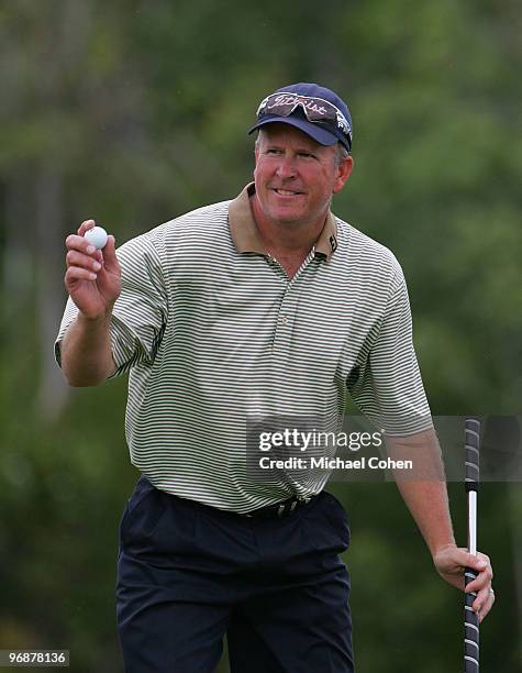 Hayes acknowledges the gallery during the second round of the Mayakoba Golf Classic at El Camaleon Golf Club held on February 19, 2010 in Riviera...