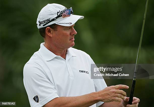 Joe Durant reacts to a missed putt during the second round of the Mayakoba Golf Classic at El Camaleon Golf Club held on February 19, 2010 in Riviera...