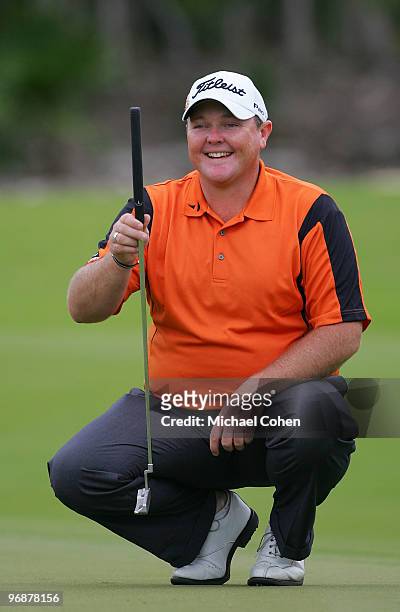 Jarrod Lyle of Australia laughs while lining up a putt during the second round of the Mayakoba Golf Classic at El Camaleon Golf Club held on February...