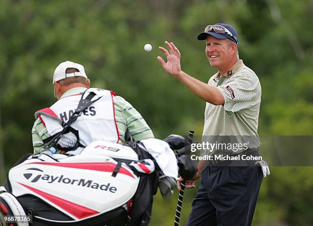 Hayes catches his ball during the second round of the Mayakoba Golf Classic at El Camaleon Golf Club held on February 19, 2010 in Riviera Maya,...