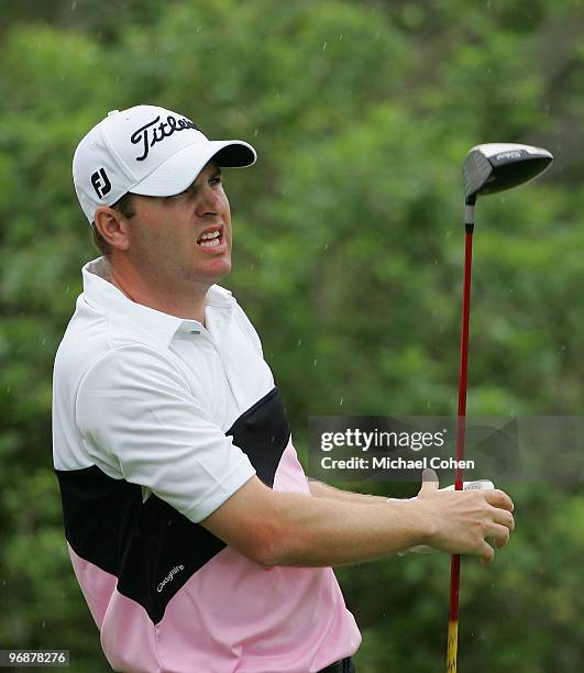 Matt Weibring reacts to his drive during the second round of the Mayakoba Golf Classic at El Camaleon Golf Club held on February 19, 2010 in Riviera...