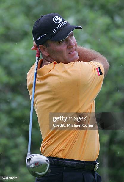 Thomas Levet of France watches his drive during the second round of the Mayakoba Golf Classic at El Camaleon Golf Club held on February 19, 2010 in...