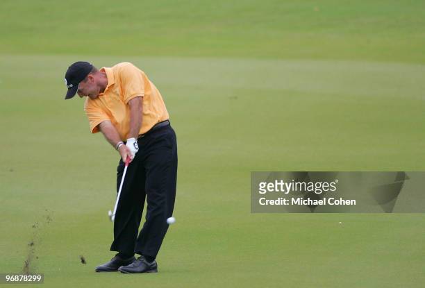 Thomas Levet of France hits a shot during the second round of the Mayakoba Golf Classic at El Camaleon Golf Club held on February 19, 2010 in Riviera...