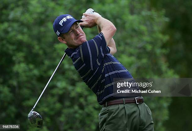 Jeff Maggert hits a drive during the second round of the Mayakoba Golf Classic at El Camaleon Golf Club held on February 19, 2010 in Riviera Maya,...